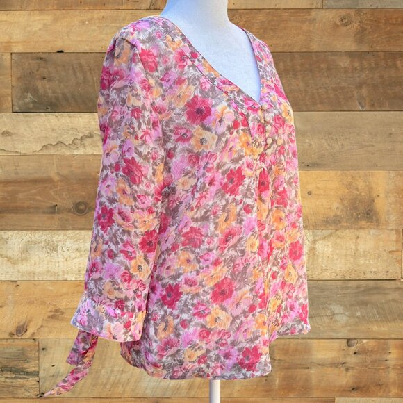 Coldwater Creek Floral Chiffon Blouse Sheer Lined V-Neck Tie Sleeve Spring Sz M - Picture 6 of 16